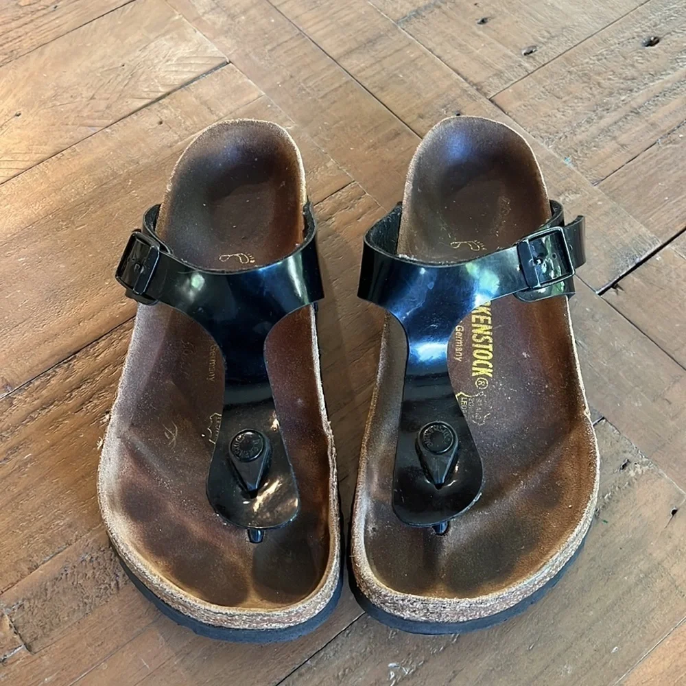Birkenstock Gizeh Black Patent Leather Cork Sandals Thongs EU 38 US 7